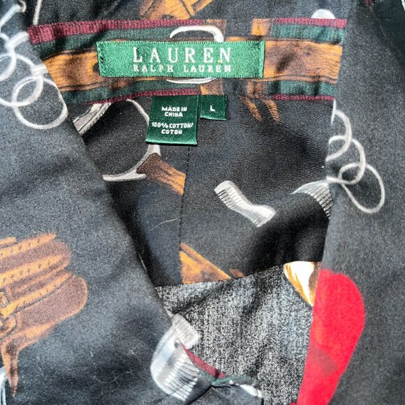VINTAGE LAUREN RALPH LAUREN BLACK EQUESTRIAN PRINT BLOUSE SHIRT TOP  EUC - LARGE - Picture 9 of 12
